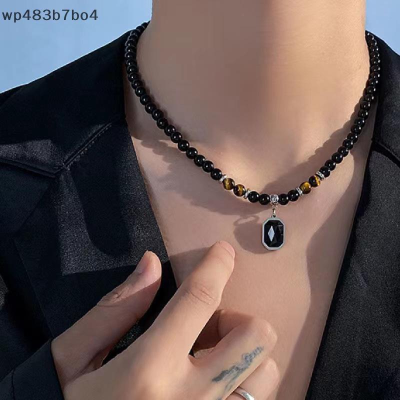 WPB ลูกปัดสีดำกับสร้อยคอจี้สี่เหลี่ยมสำหรับผู้ชายเครื่องประดับอินเทรนด์เครื่องประดับสำหรับผู้ชายของข