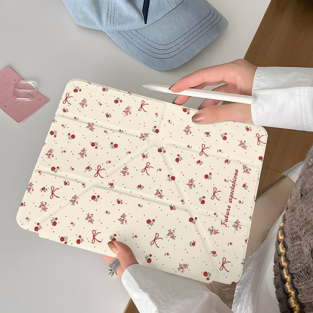 Rose Flower Y-fold iPad Air 6/5/4 เคสป้องกัน Pro 11 นิ้ว 8/9/10 รุ่น Mini 7 แท็บเล็ต A16 ฝาครอบป้องกัน