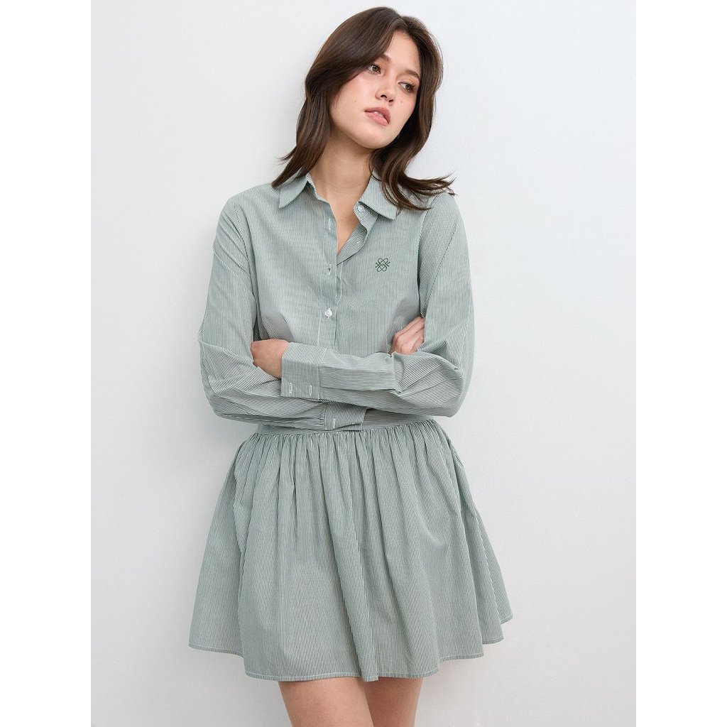 [Pomelo] เซตเสื้อเชิ้ตลายทางและกระโปรงสั้นพลีท / Collared Striped Shirt and Mini Skirt Set