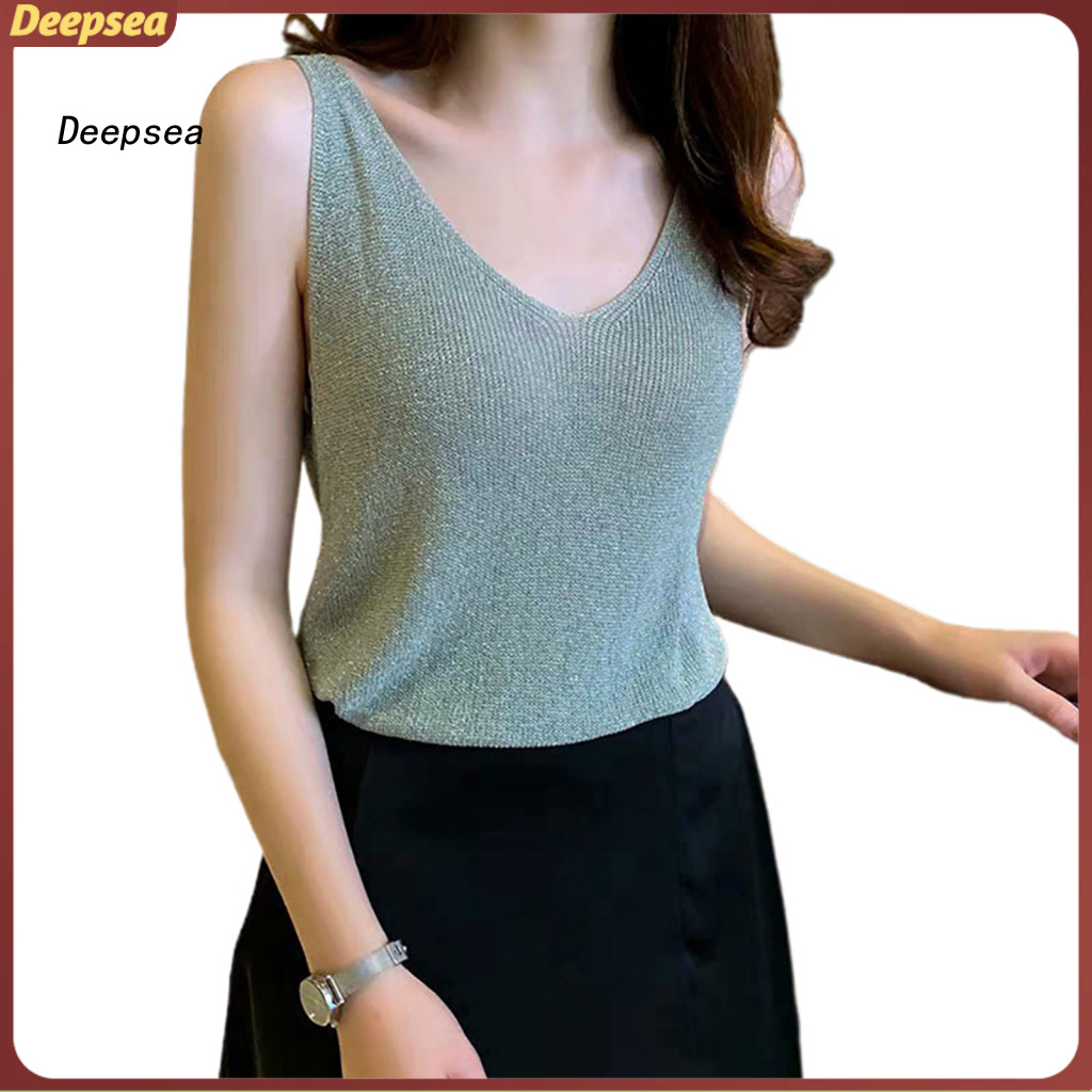 DPA ผู้หญิงเซ็กซี่สีทึบ Shining Tank Tops ถัก V คอฤดูร้อน Slim Fit เสื้อกั๊ก
