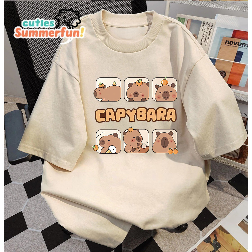 Capybara Oversize T-Shirt 6 Emoji Cute Motif สีครีม Premium Cotton