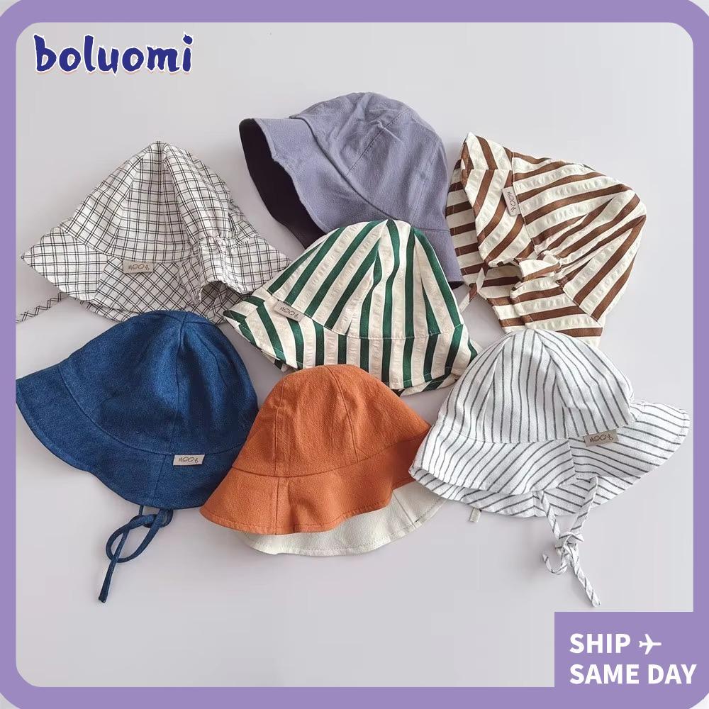 BOLUMI หมวกชาวประมงลาย Lacing CottonBabySun สไตล์แฟชั่นสีทึบสำหรับเด็กทารกและเด็กผู้หญิง
