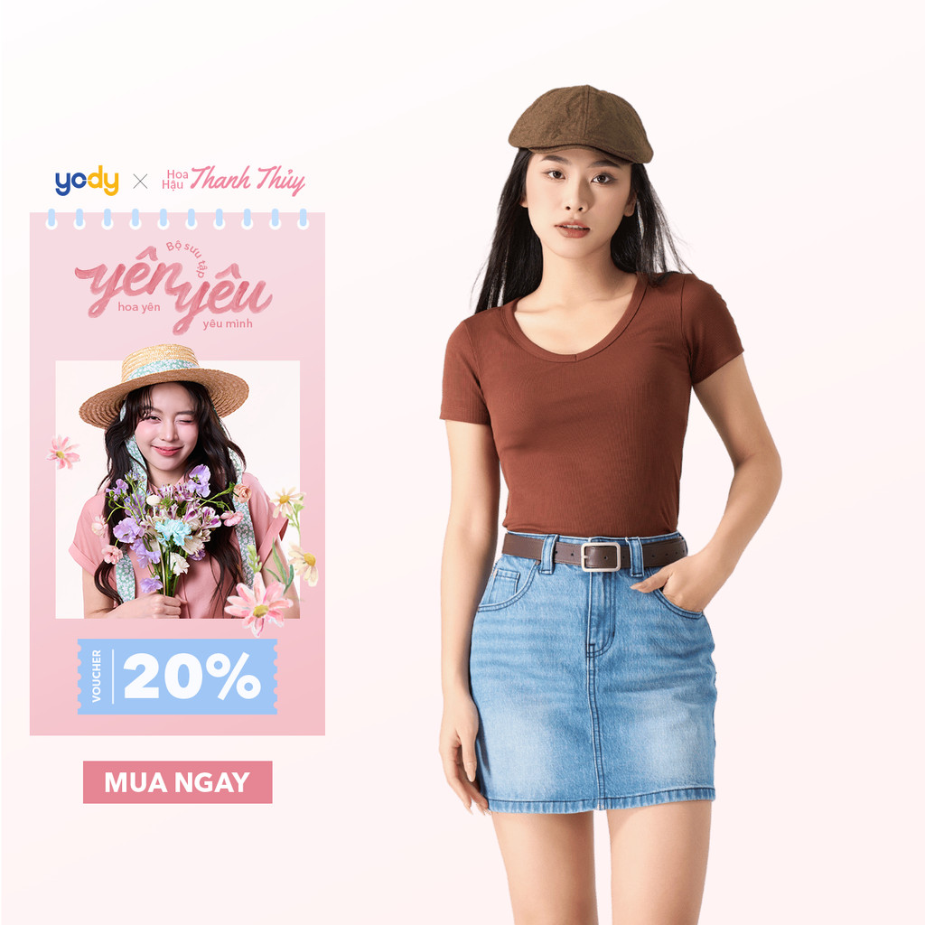 YODY เสื้อยืดผู้หญิงคอปกซี่โครงทรงสลิมฟิตขั้นพื้นฐานทําให้แบนยืดหยุ่นดี TSN7084