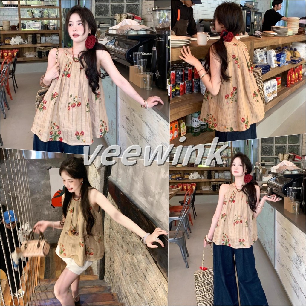Veewink เสื้อทรงตุ๊กตาแขนกุดลายสตรอว์เบอร์รี่ ผูกคอ สไตล์นักเรียน เนื้อผ้าบางเบา กันแดด
