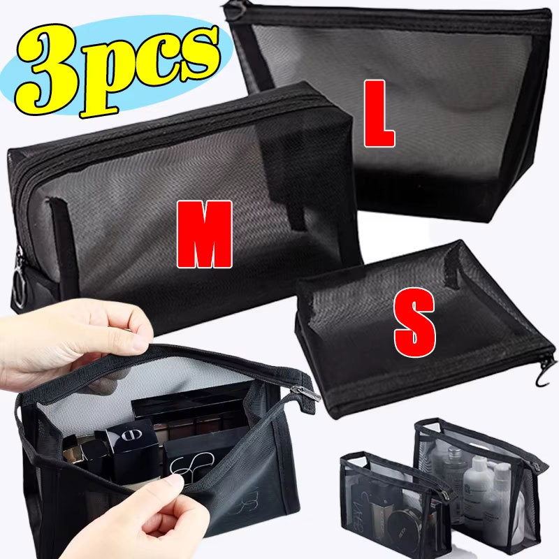 ถุงซิปสำหรับเครื่องสำอางตาข่ายไนลอน / กระเป๋าเก็บเครื่องสำอางสีดำ / กระเป๋าจัดระเบียบพกพาสำหรับเดินทาง 1/3 ชิ้น