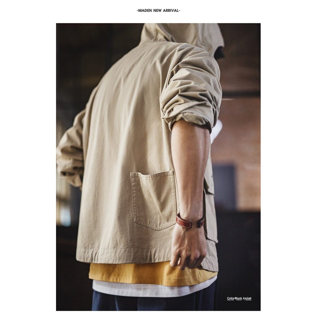 Retro Mens American Retro Cotton Canvas Jacket Khaki Multi-Pocket Stand Collar Hooded Thin Workwear Coat Spring — صورة 8