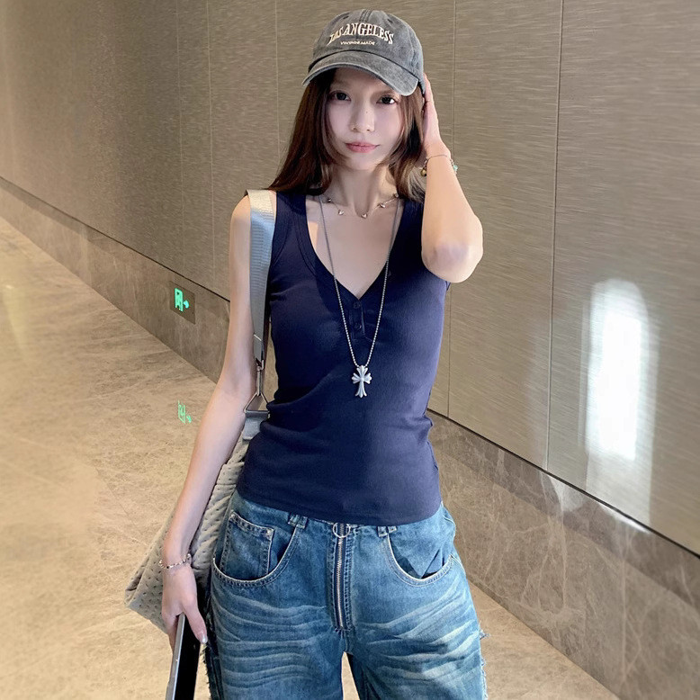 บรา-tank แขนกุดแนวเกาหลี ดีไซน์คอกางเกงแบบวีเซ็กซี่ 9PTP