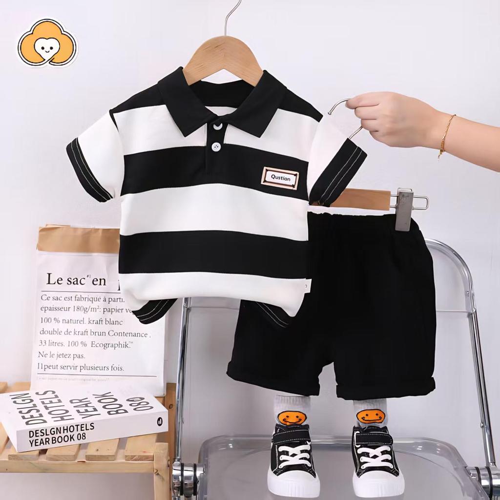 [Cotton Life] ชุดเสื้อโปโลกางเกงขาสั้นลายทาง สำหรับเด็กชาย 0-4 ขวบ ผ้าฝอน