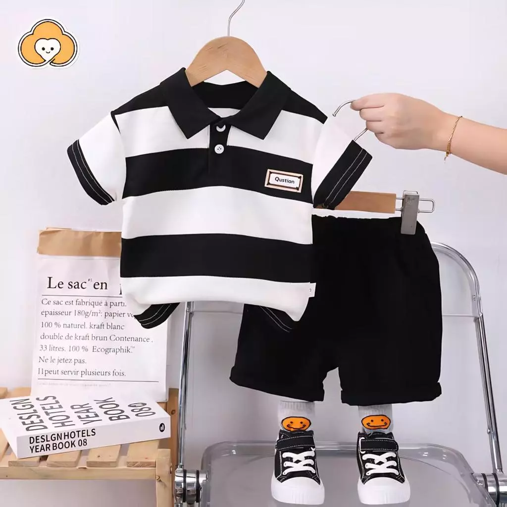 [Cotton Life] ชุดเสื้อโปโลกางเกงขาสั้นลายทาง สำหรับเด็กชาย 0-4 ขวบ ผ้าฝอน