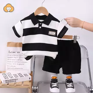 [Cotton Life] ชุดเสื้อโปโลกางเกงขาสั้นลายทาง สำหรับเด็กชาย 0-4 ขวบ ผ้าฝอน