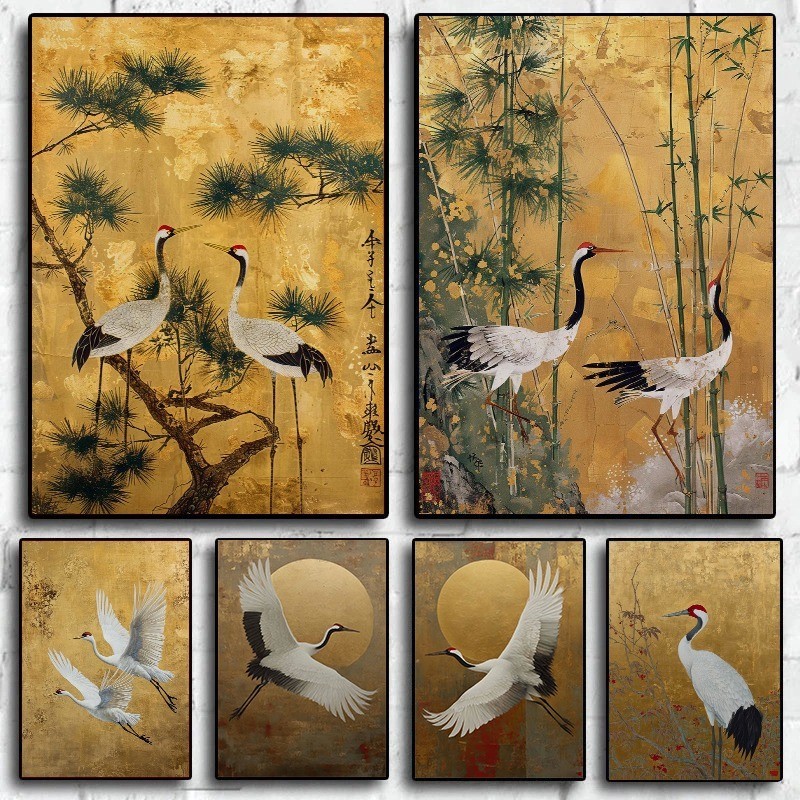 ญี่ปุ่นElegant Craneนกธรรมชาติโปสเตอร์Flying Cranesในภาพวาดผ้าใบสีทองและสีขาวAsian Wall Artห้องนั่งเล่นตกแต่งบ้าน
