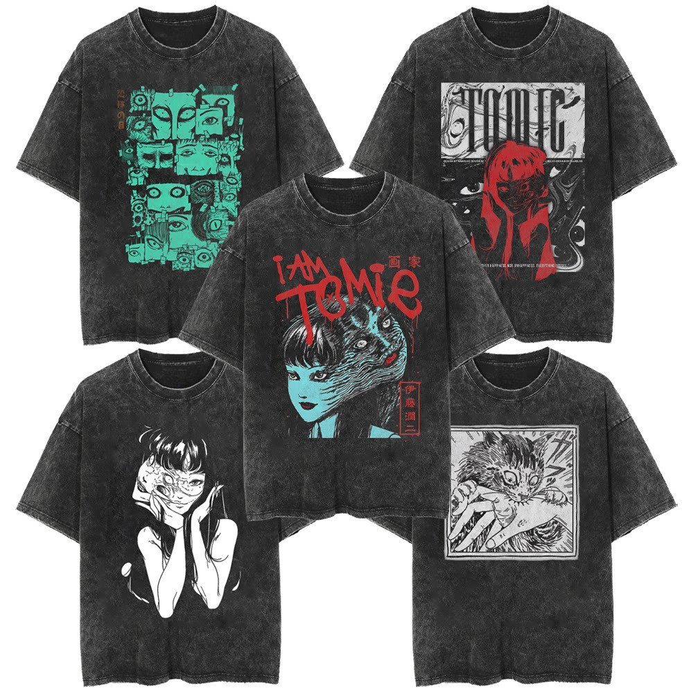 YOUNG T🔥🔥เสื้อยืดแขนสั้น มังงะจุนจิ อิโต้ โทมิเอะ (Junji Ito Tomie) ฟอกเก่า วอชทำสี พิมพ์ลาย ผ้าคอตตอน 100% สำหรับผู้ชาย