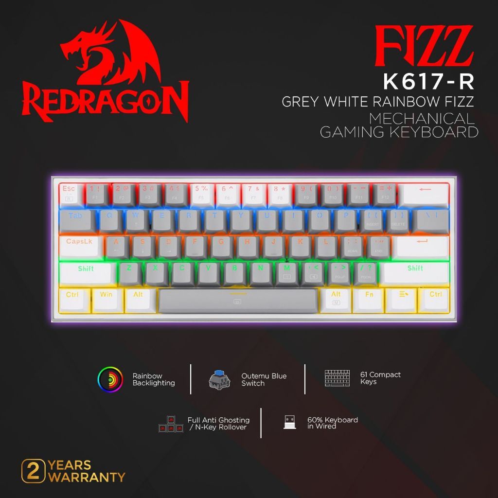 REDRAGON Reddragon Mechanical Gaming Keyboard 60% GREY WHITE RAINBOW FIZZ-K617-R