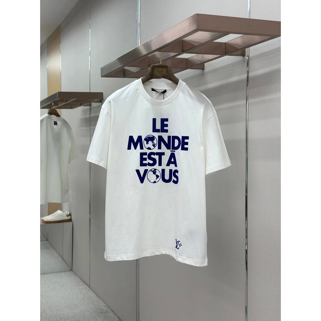 เสื้อยืดโลUIS VUITTON พรินต์ตัวอักษรรอบคอ แขนสั้น ทรงหลวม จากผ้าฝ้ายแท้