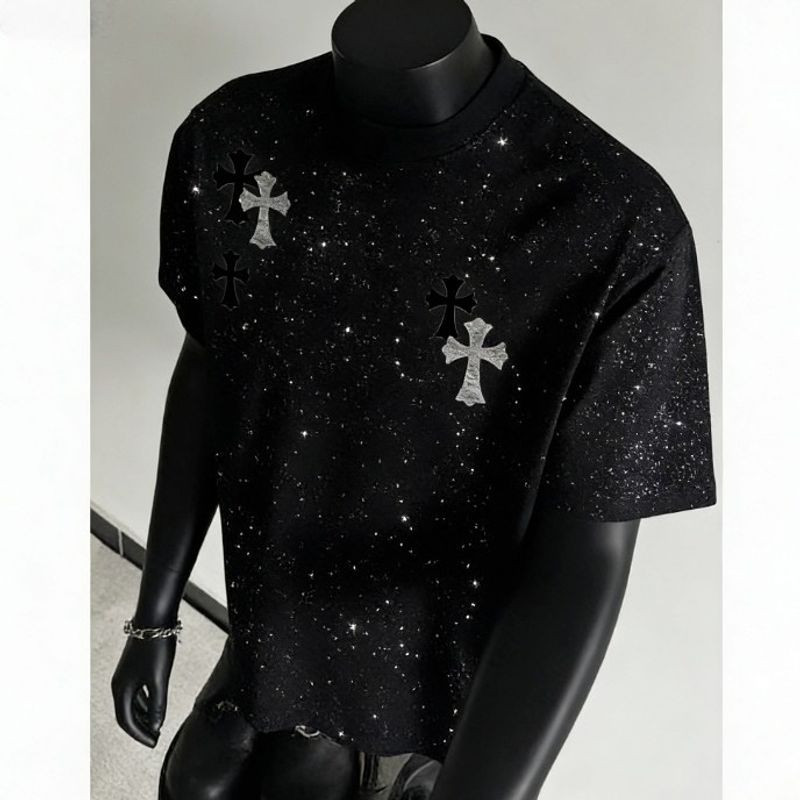 Trail Echo เสื้อยืดผู้ชาย แขนสั้น ลายครอสสตาร์ rhinestone ทันสมัยสำหรับฤดูร้อน