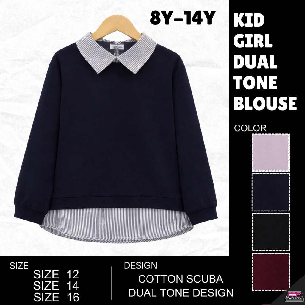 PPF KT3621 8Y-14Y เด็กสาววัยรุ่น Dual Tone Collar เสื้อด้านบนเสื้อชั้นคอ Budak Perempuan