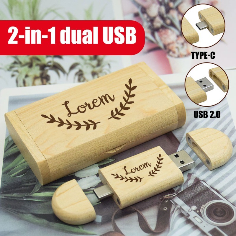 TYPE-C USB 2.0 แฟลชไดรฟ์ 128GB 64GB ไม้พร้อมกล่องไดรฟ์ปากกา 32GB 2in1 ของขวัญธุรกิจสร้างสรรค์ U Disk
