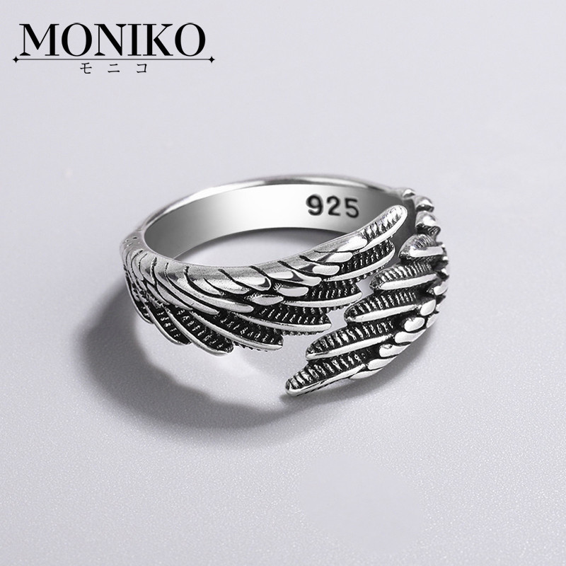 MONIKO แหวนสเตนเลส สไตล์พังก์ ปรับได้ เครื่องประดับแฟชั่น แหวนขนนก J020