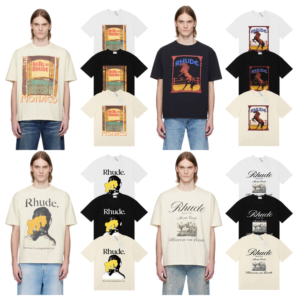 Rhude เสื้อยืดผ้าฝ้ายแท้ คอกลมแขนสั้น พิมพ์โลโก้คุณภาพสูง สำหรับทั้งผู้ชายและผู้หญิง