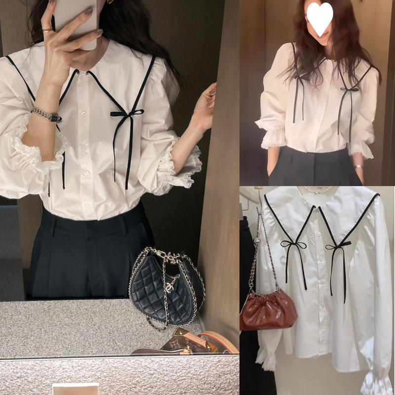 Cuties 99357💖เสื้อเชิ้ตแขนยาวสีขาวทรงฝรั่งเศส คอปกปีเตอร์แพน พร้อมโบว์ผูก