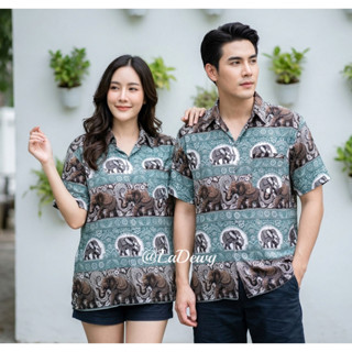 งานไทย เสื้อช้างสงกรานต์ ลายช้างศึก ริ้วลายดอก 7ไซส์ S-4XL ผ…