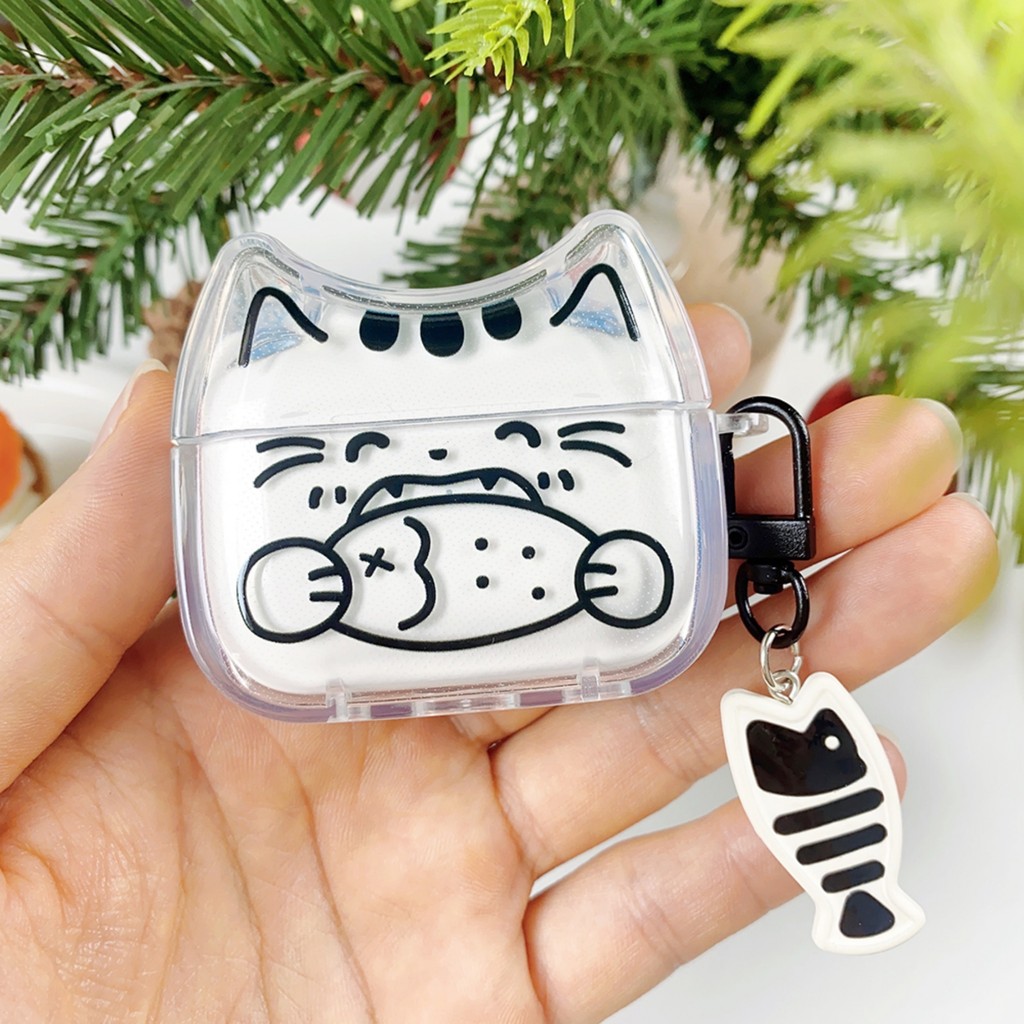 หูแมวน่ารักสายสีดําลูกแมวปลาจี้โปร่งใสหูฟังสําหรับ AirPods 4 AirPods 3 Pro 2 AirPods 3/2 ฝาครอบ
