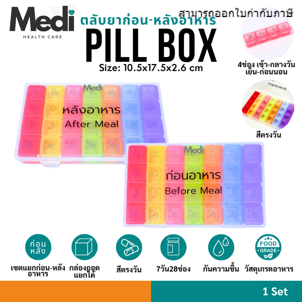 Medi ตลับยา ก่อน-หลังอาหาร สีตรงวัน ถอดแยกได้ 7 วันๆ ละ 4 ช่อง ตามมื้ออาหาร