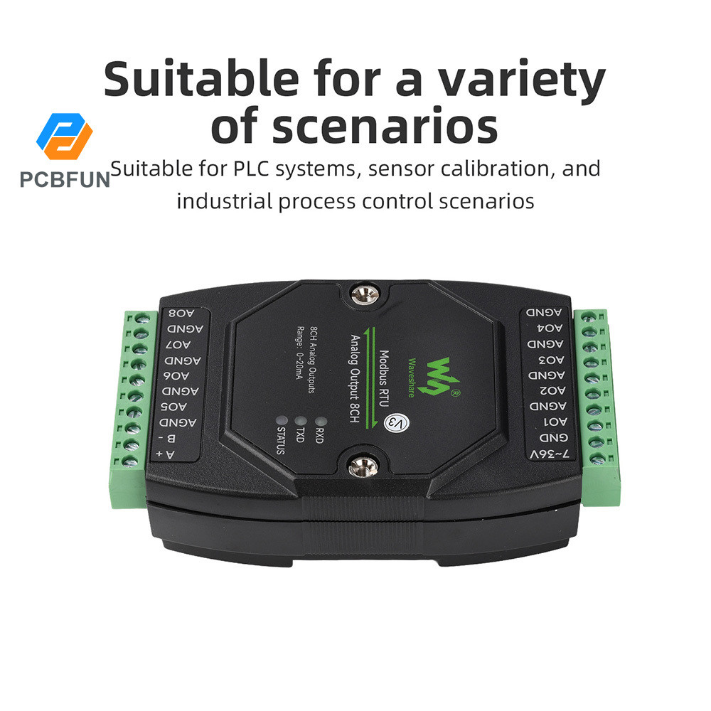 Pcbfun DC 7-36V แรงดันไฟฟ้ากว้างเกรดอุตสาหกรรม 8-Channel Analog เอาต์พุตโมดูลรางประเภท 12 บิต Da Conversion