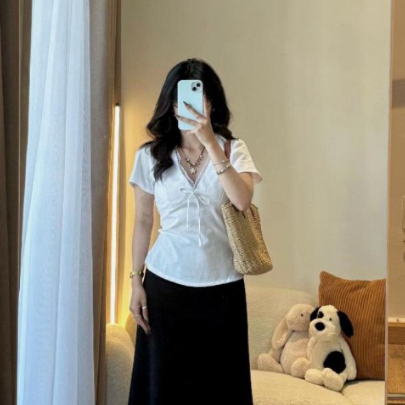 เสื้อเชิ้ตผ้าลินินผู้หญิงสวย V คอลูกไม้ตัดแขนสั้นฤดูร้อน MA5 217 - Sam botique