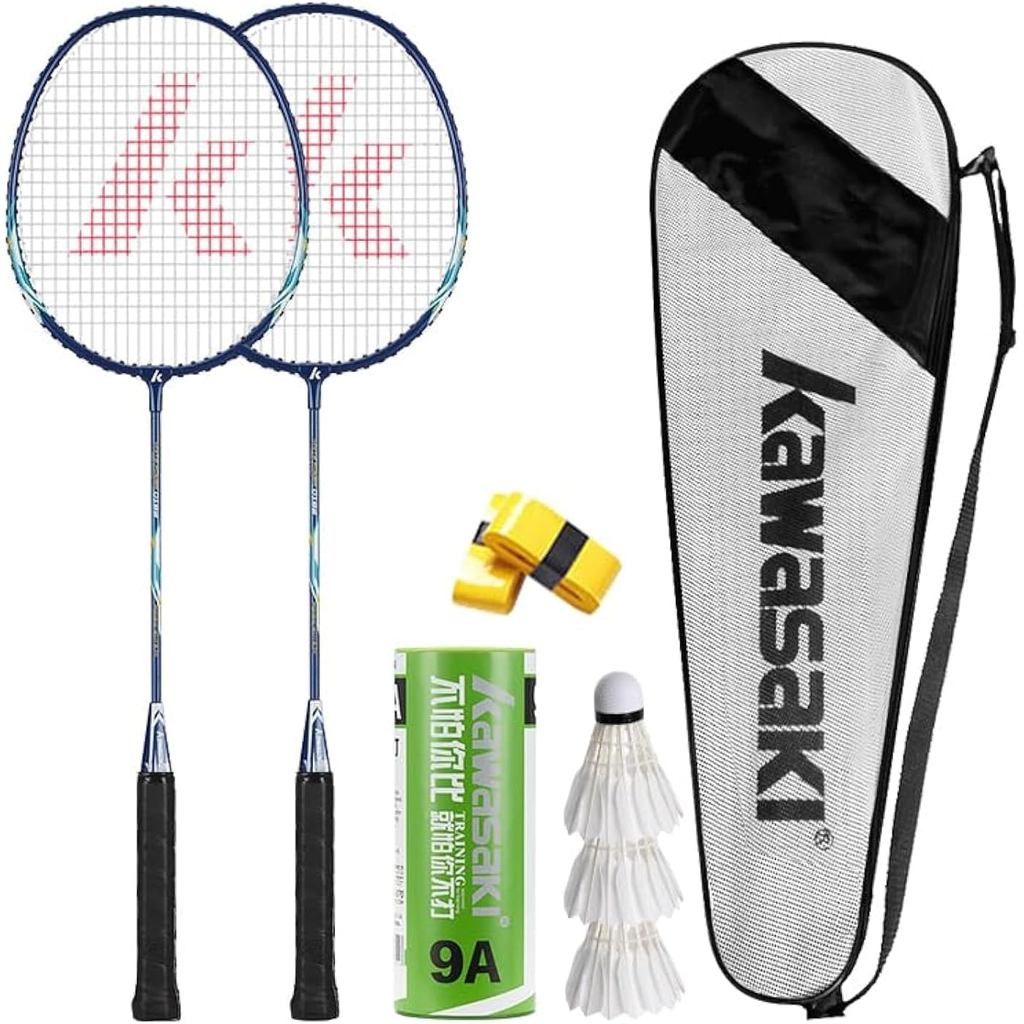 KAWASAKI ชุดแบดมินตันครบเซ็ท ประกอบด้วยไม้แบดมินตัน 2 ชิ้น, ลูกขนไก่ 3 ลูก และกระเป๋าหิ้ว