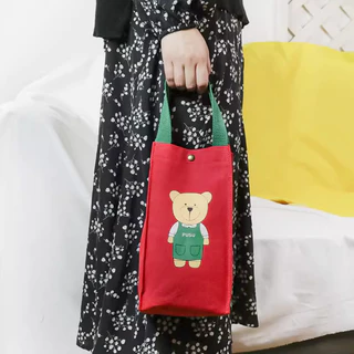 🐻 กระเป๋าใส่แก้วน้ำ กระเป๋าใส่แก้วน้ำลายหมีน้อย สไตล์ญี่ปุ่น ผ้าแคนวาสหนา มีซับใน พกพาสะดวก ใส่ขวดน้ำได้พอดี