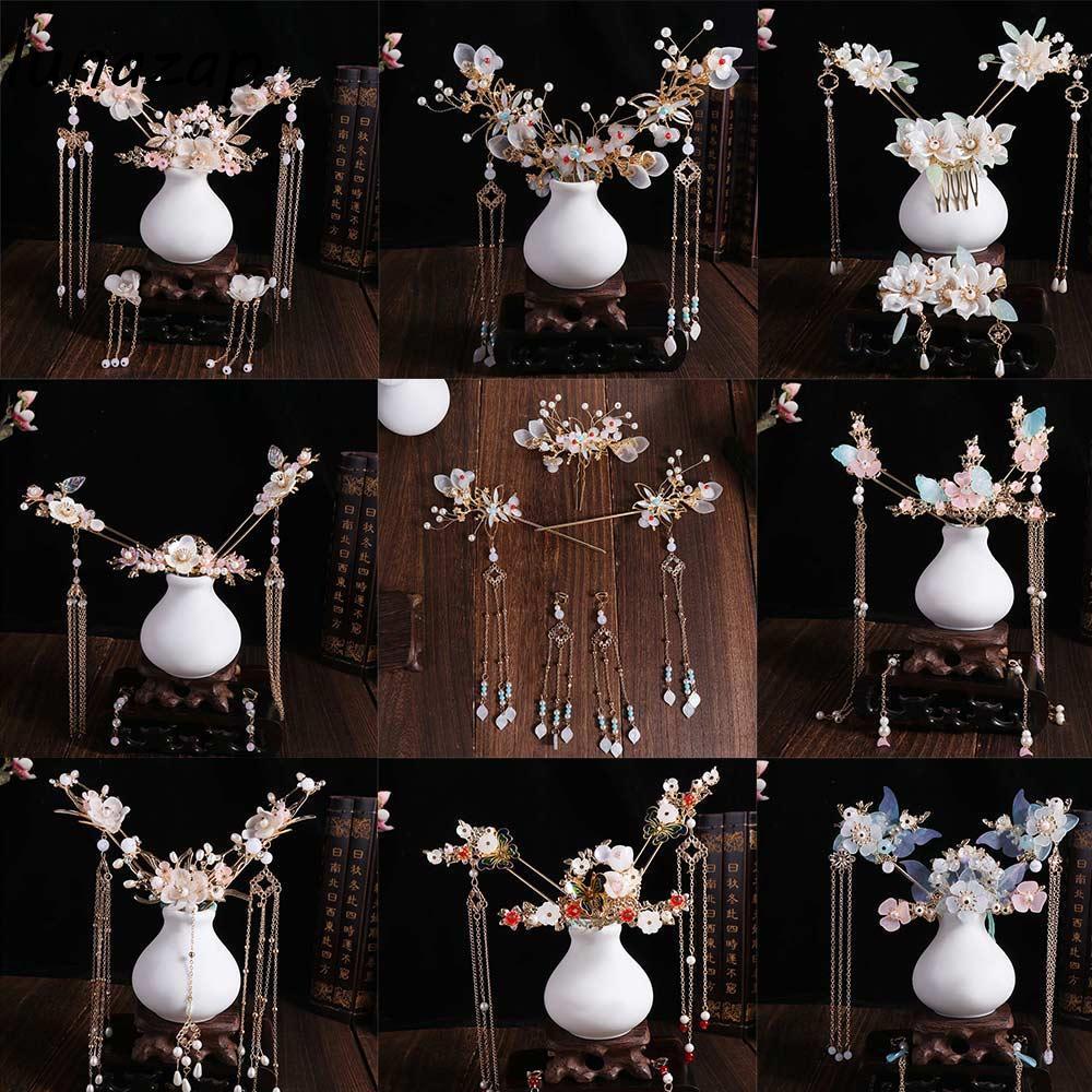 LUNAZAP ชุดแต่งงานเครื่องประดับผม, U-Shape Alloy เจ้าสาว Headwear, ดอกไม้สไตล์จีนใหม่สีอ่อน Dangling เครื่องประดับต่างหู Hairpin ชุดงานแต่งงานพิธี