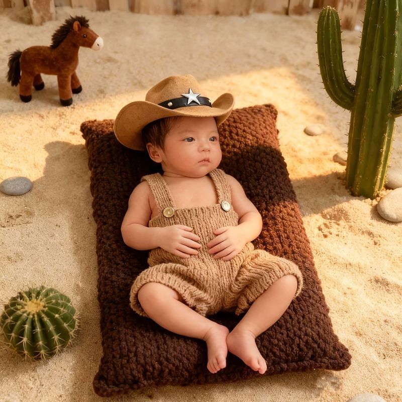 新生儿针织背带裤宝宝满月西部牛仔大沿帽影楼拍照写真摄影服l3.20Newborn Knitted Overalls Baby One-Month-Old Western Cowboy Wide-Bri