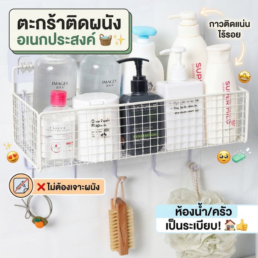 Hithome ตะกร้าติดผนัง ชั้นวางของในห้องน้ำ ไม่ต้องเจาะผนัง ตะกร้าเหล็กกันสนิม ชั้นวางเครื่องปรุงอเนกประสงค์