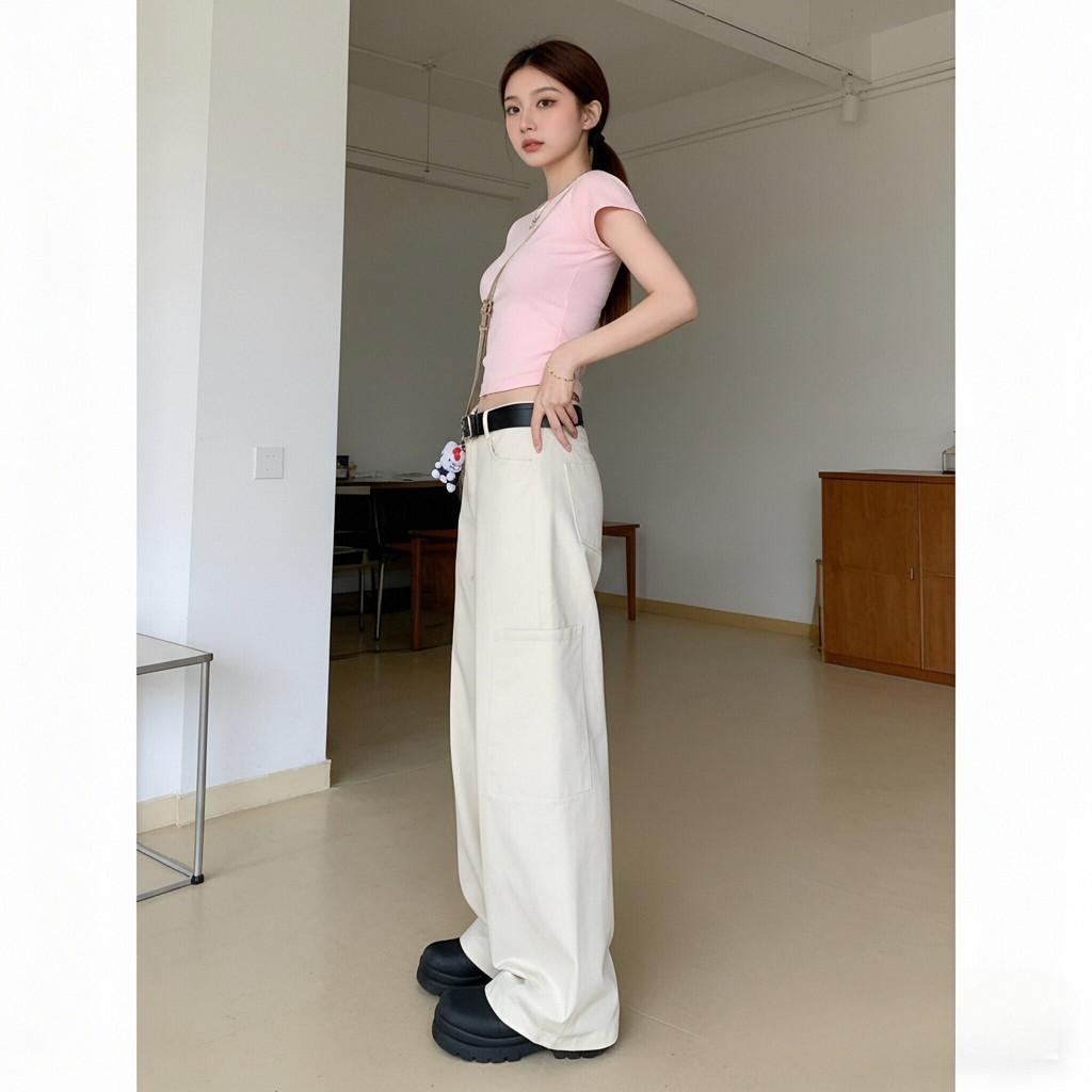 RosieMall กางเกงยีนส์สไตล์งานช่างทรงหลวม กางเกงลำลองสีขาว คาราเมล สีชมพู สีดำ ใส่ได้กับทุกชุด ขนาด ราคา ถูกที่สุด ดีลบีเคเค แกลเลอรีภาพที่ 8