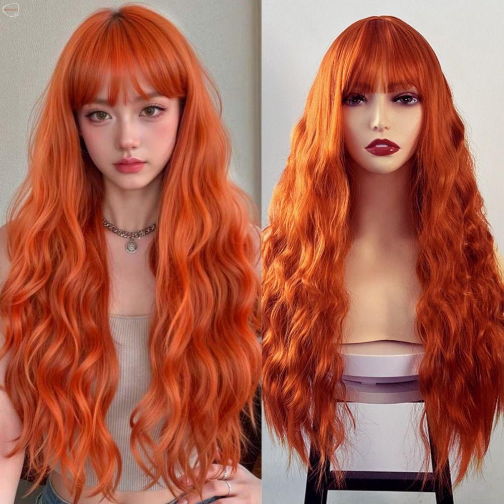 วิกผมคลื่นน้ำยาว สีน้ำตาลทองและส้ม สำหรับฮาโลวีนและฮาราจูกุ ทรงธรรมชาติสังเคราะห์เต็มหัว