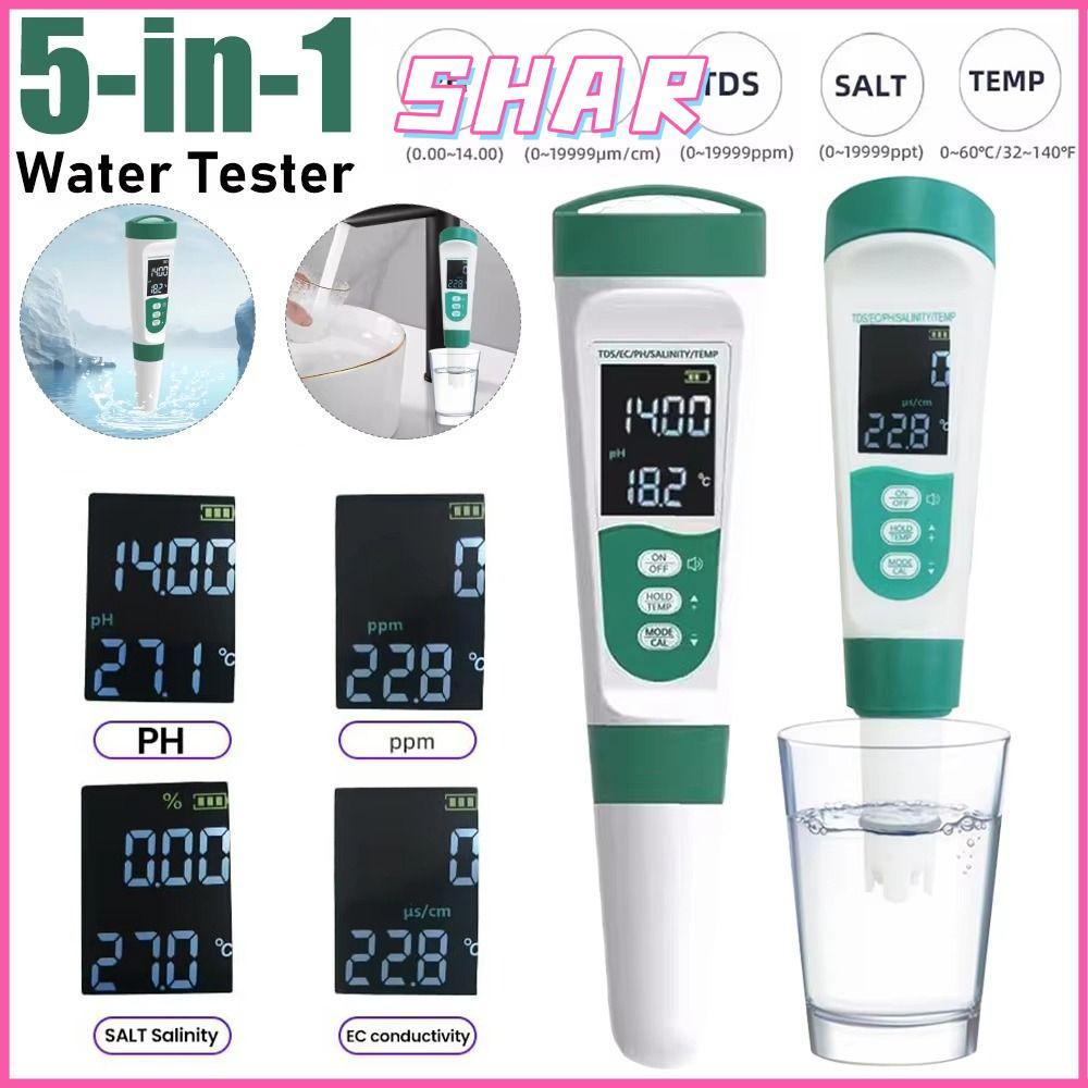 SHAR ปากกาทดสอบน้ํา, 0-9999PPM ปากกาทดสอบคุณภาพน้ํา, กันน้ํา 5 in1 Digital PH Meter