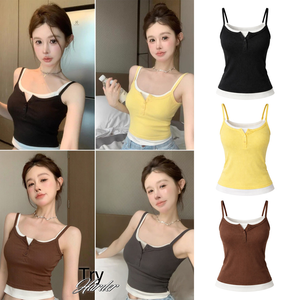 Crop Top สายเดี่ยว ผู้หญิง แต่งขอบขาว ทรงเข้ารูป ผ้ายืด สไตล์เกาหลี Y2K