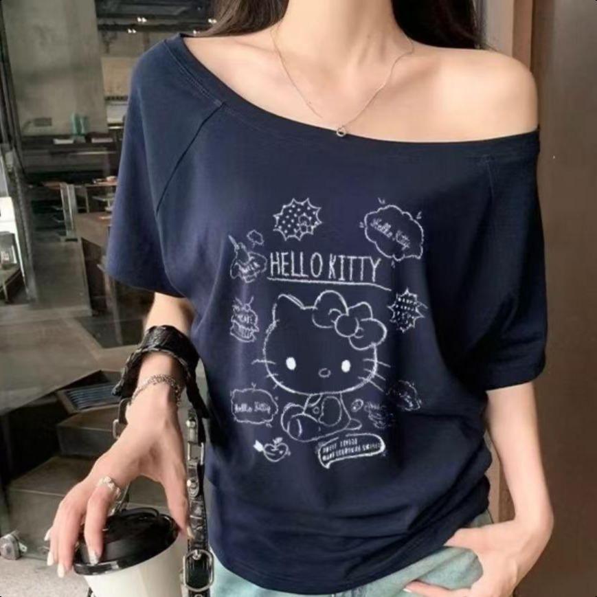 เสื้อยืดแขนสั้นพิมพ์ลายแมวไหล่เอียงย้อนยุคอเมริกันสำหรับผู้หญิงจากฝ้ายหลวม