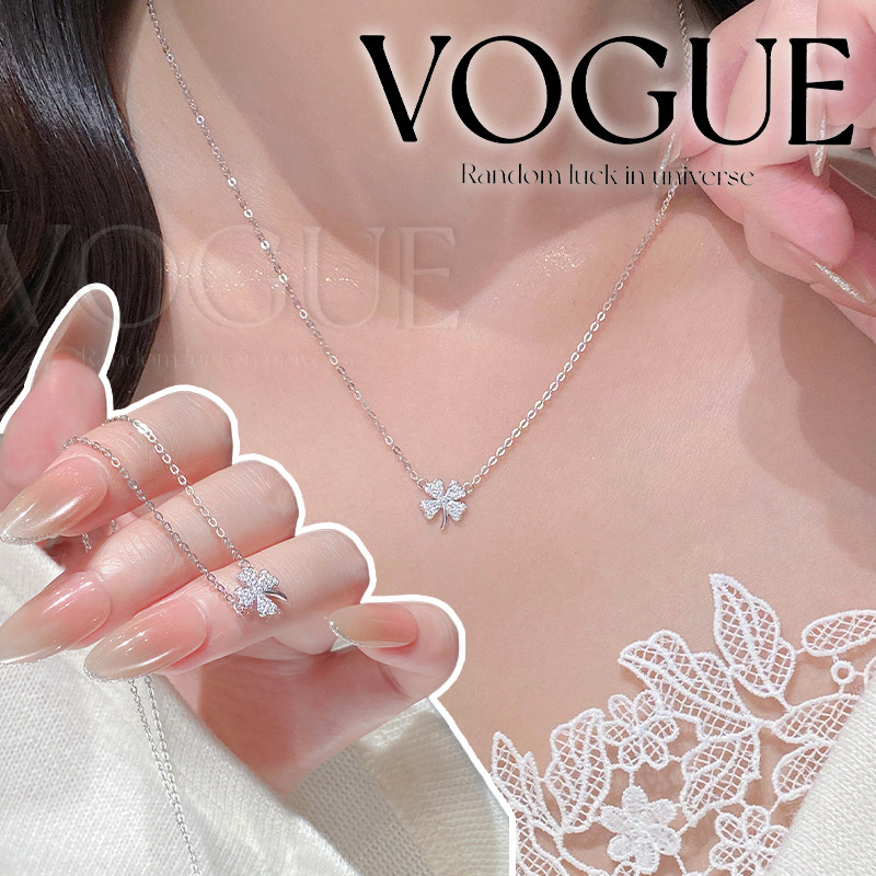 Vogue🌟พร้อมส่ง🌟 สร้อยคอ จี้ใบโคลเวอร์สี่แฉก ประดับเพชร สไตล์มินิมอล สำหรับผู้หญิง (BRL-25)