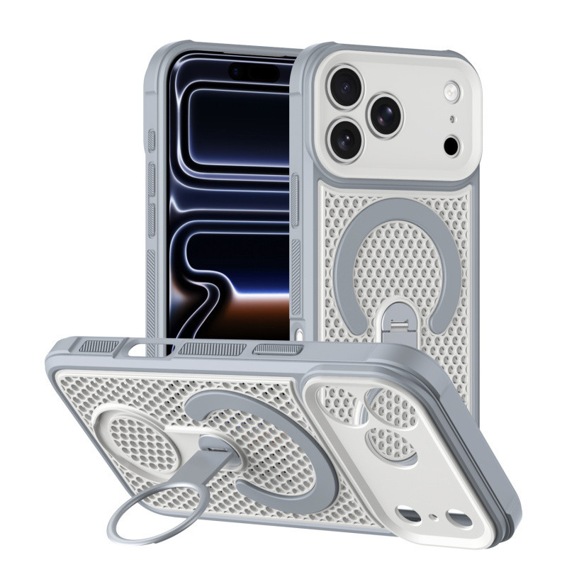 Hollow ตาข่ายกระจายความร้อน Cooling ผู้ถือแม่เหล็ก Kickstand สําหรับ iPhone 17 Pro Max Air 16 15 14 13 12 11 Pro Max Plus ชาร์จไร้สาย Drop ป้องกันปกหลัง
