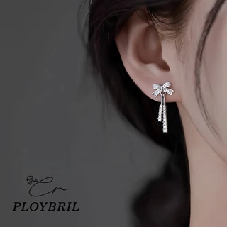 PLOYBRIL✨ตุ้มหูเงินแท้ Sway Bow ต่างหูยาว จี้โบว์ ต่างหูเพชร ต่างหูแฟชั่น ตุ้มหูเงิน ต่างหูสตรี E060