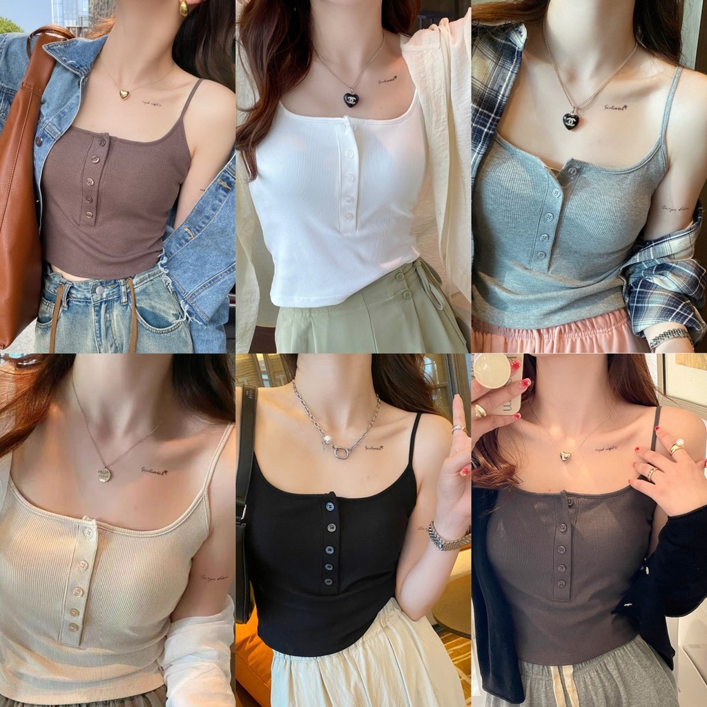 เสื้อสายเดี่ยวเส้นเล็ก ฟองน้ำในตัวเย็บติดเนื้อผ้า ตกเเต่งกระดุมน่ารัก ผ้าลายริบยืดหยุ่น นุ่มและสบาย สไตล์ลำลอง FZ047