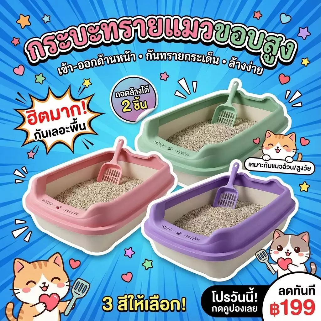 [ส่งฟรี] Purrs ใหญ่มาก! กระบะทรายแมว กระบะทรายแมว ขนาดใหญ่ ป้องกันทรายกระเด็น วัสดุคุณภาพสูงรับฟรีไม้กวาดทรายแมว