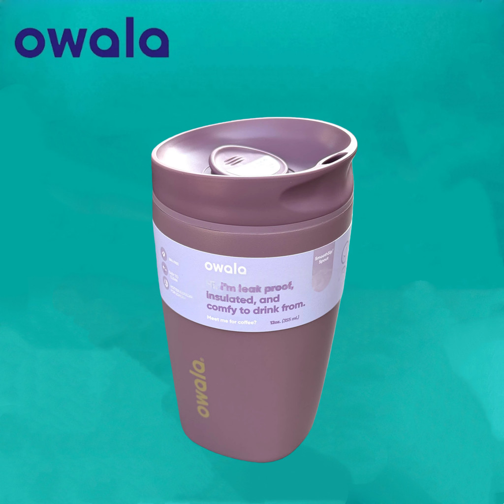 Owala SmoothSip Slider แก้วน้ําสแตนเลสหุ้มฉนวน - ถ้วยกาแฟป้องกันการรั่ว 12 ออนซ์, เหมาะกับในที่วางแก้วในรถยนต์
