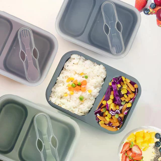 【SayTH✨1-3 วัน】กล่องข้าวซิลิโคน แบบพับได้ และ 2 ช่อง พร้อมช้อน กล่องข้าวพกพา lunch box