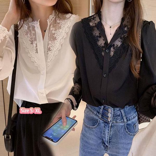 Chili#เสื้อผู้หญิงคอวีลูกไม้สีดำ แขนยาว ดีไซน์เก๋ด้วยผ้าชีฟองปะติดปะต่อ เหมาะสำหรับใส่ในฤดูใบไม้ผลิและฤดูใบไม้ร่วง#99293