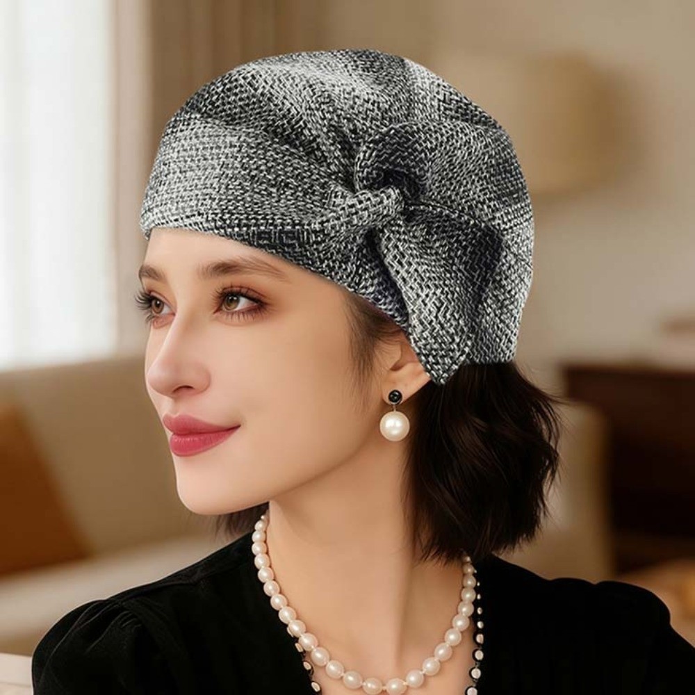 ECHOEDGE_beret_หมวกลายสก๊อต ถักเส้นใยอะคริลิค สำหรับสุภาพสตรี กับโบว์ทแพร่งด้านบน - รูปที่ 5