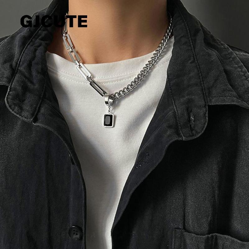 GJCUTE Creative Hip-hop Simple Black Square ต่างหูจี้สร้อยคอผู้ชาย Dual-use Design สร้อยคอสแตนเลส WT
