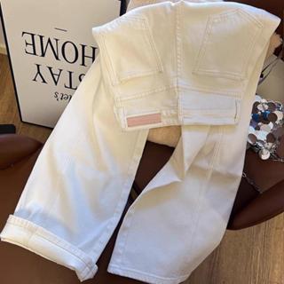 กางเกงยีนส์สีขาว ป้ายชมพู สไตล์เกาหลี สำหรับผู้หญิง ใหม่ เอว…